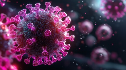 An intricately detailed 3D model of a pink virus particle, showcasing its complex surface and structure, as a representation of infectious diseases.