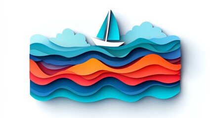 Colorful abstract paper art illustration of a sailboat on the sea with layered waves under a blue sky.