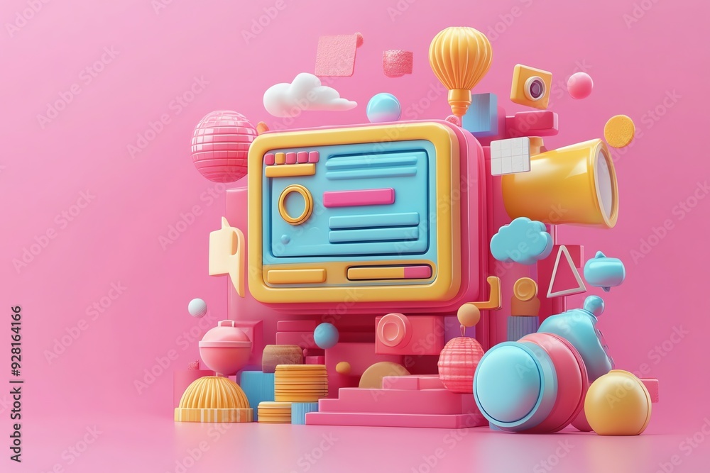 Aufkleber Colorful 3D Render of Geometric Shapes with a Computer Screen.