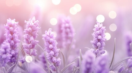 A serene lavender field bathed in soft light, creating a calming atmosphere with delicate blooms and beautiful bokeh effects.