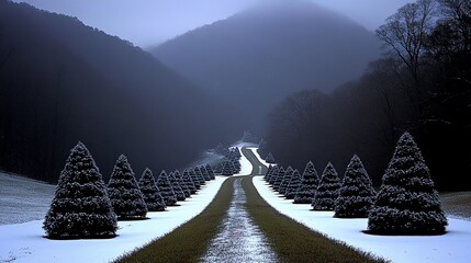 A serene winter landscape featuring snow-covered trees lining a winding road through misty mountains.