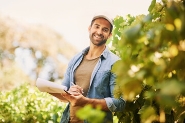 Man, farmer and checklist in outdoor portrait, writing notes and review produce quality or...