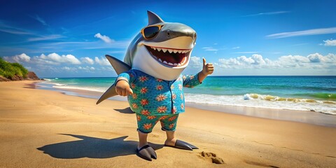 A smiling, sunglasses-wearing shark in a Hawaiian shirt and flip flops stands on a beach, giving a thumbs-up gesture with a fin, exuding fun and relaxation.