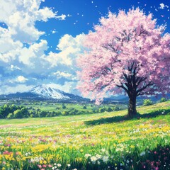 Obraz premium Spring's Tranquil Embrace: Enchanting Anime-Style Pastoral Scenery Blending Serenity and Harmony for a Peaceful Season Perfect for Gaming Art and Storybook Illustrations in 4K,anime-style