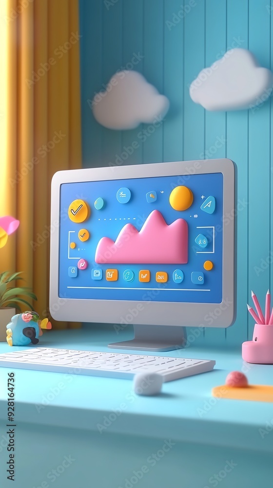 Aufkleber computer desktop with cute cartoon icons on screen.