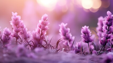 Naklejka premium A serene landscape featuring vibrant purple flowers blooming under soft sunlight, evoking feelings of peace and tranquility.