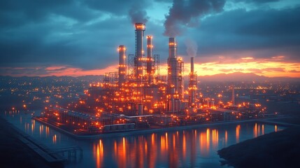 Naklejka premium A futuristic power plant utilizing biomethane technology, advanced systems in operation, renewable technology concept, eco-friendly energy production.