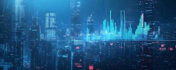 Futuristic Cityscape with Digital Data Overlays and Financial Graphs
