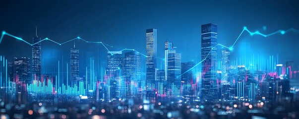 Cityscape with Neon Stock Market Charts