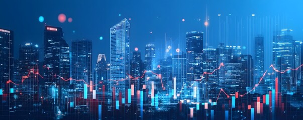 A city skyline at night with superimposed financial data