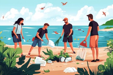 A group of volunteers cleaning up the beach, showcasing teamwork and environmental awareness, with beautiful ocean scenery in the background.