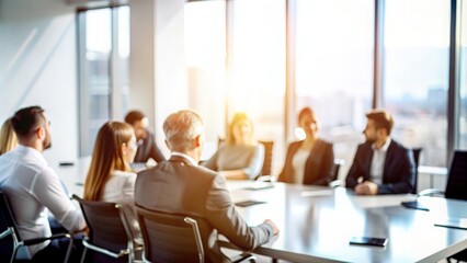 Blurred Team Meeting Room - Soft-focus image of a team meeting room with people and furnishings.
