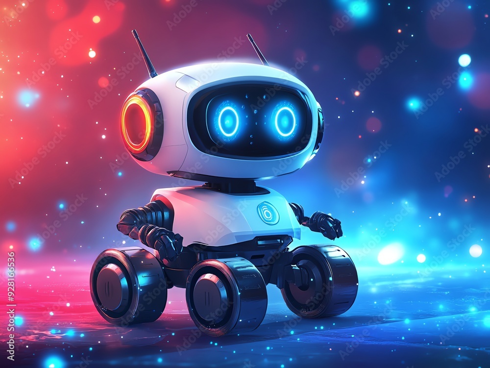 Poster cute robot in a futuristic setting.