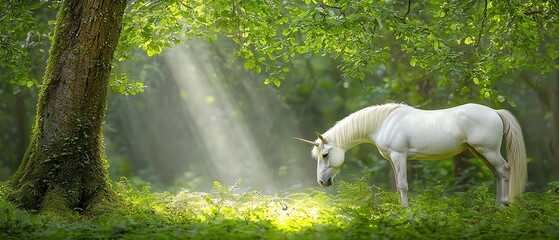 A serene moment in nature featuring a white unicorn under dappled sunlight, surrounded by lush green foliage.