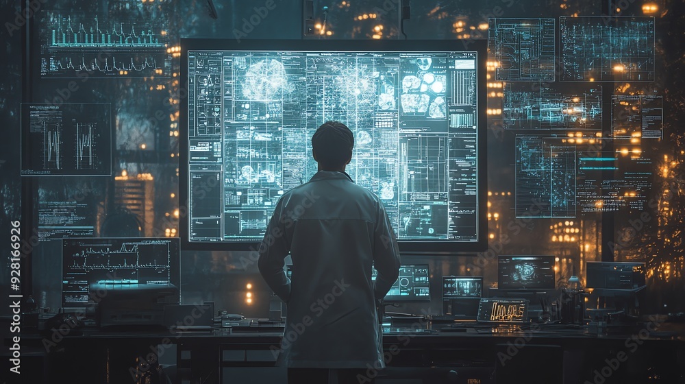 Poster Cybersecurity Specialist Analyzing Data on Multiple Screens.