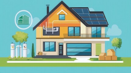 Stylish modern home with solar panels, greenery, and efficient design. Ideal for architecture, sustainability, and real estate concepts.