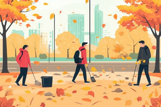 Three individuals clean a park in vibrant autumn, surrounded by colorful leaves and modern cityscape, promoting community spirit.