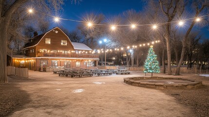 A cozy barn illuminated by string lights, featuring a decorated Christmas tree in a winter landscape at dusk.