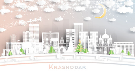 Krasnodar Russia. Winter city skyline in paper cut style with snowflakes, moon and neon garland. Christmas and new year concept. Santa Claus on sleigh. Krasnodar cityscape with landmarks.