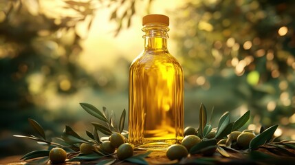Golden Olive Oil Bottle with Fresh Olives and Leaves in Sunlit Mediterranean Garden