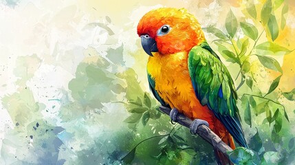 Obraz premium Watercolor parrot with vibrant feathers perched on a branch.