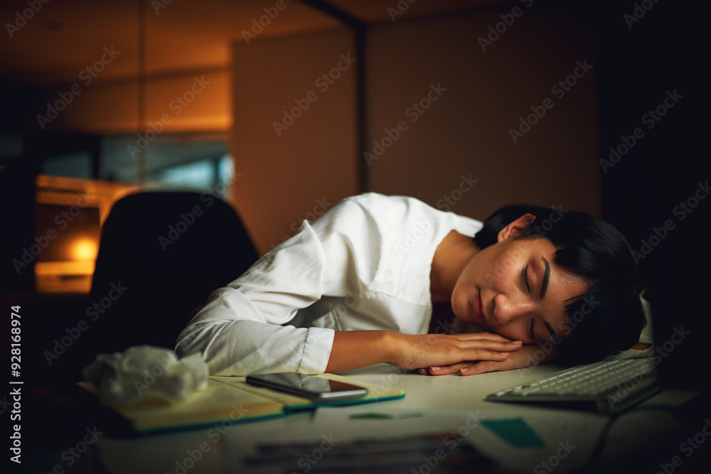 Poster asian woman, office and tired with sleeping at night on computer with overtime and deadline for proj