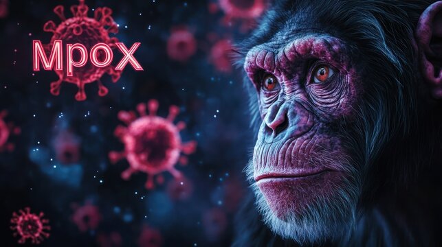 Mpox Virus Alert, the watchful eye of transmission from monkeys, Monkey with monkeypox, outbreak of the MPXV virus, infectious disease spreading to human.