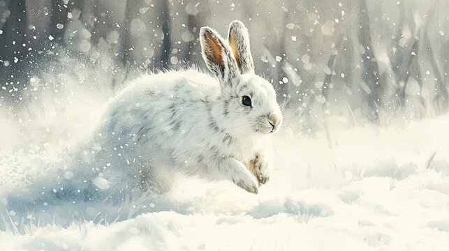 Watercolor arctic hare hopping through snow, with soft, white fur.
