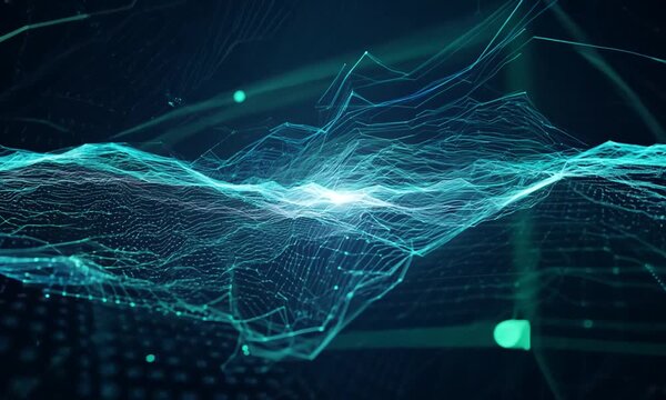 Abstract teal digital network with glowing lines and dots.
