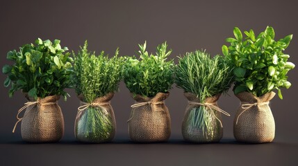 Fresh Green Herbs in Burlap Sacks Against Dark Background - Basil, Rosemary, Thyme, Mint, and Parsley