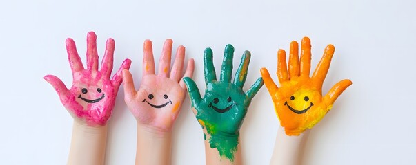 Fototapeta premium Four Painted Hands with Smiling Faces