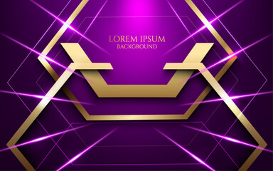 vector illustration golden hexagon metallic lines and laser light lines purple elegant luxury digital geometric modern futuristic background, wallpaper,cover,card and award banner template. 