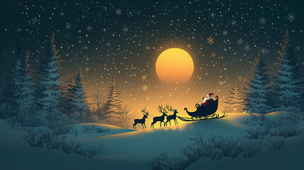 High resolution vector papercut style illustration of Santa Claus and reindeer in a sleigh, moon background, snow-covered fir trees.