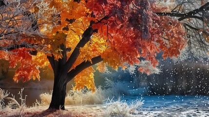 A tree with a spectrum of colors in its foliage, covered in sparkling ice.
