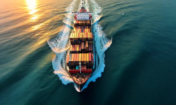 Aerial view of a large container ship sailing through the ocean.