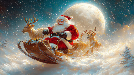 3D cartoon style Santa Claus and reindeer in a sleigh, large moon backdrop, falling snow on fir trees, high resolution.