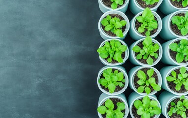 Green infrastructure, top-down view of several potted young plants arranged neatly on a dark background, highlighting fresh green leaves and healthy growth.