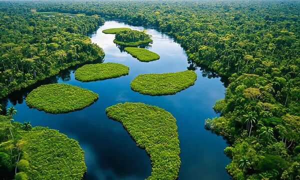 Aerial view of a river winding through a lush green rainforest with several small islands.