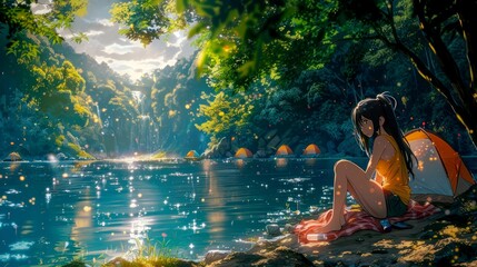 Fototapeta premium Art illustration camping in the jungle anime style