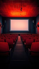 Obraz premium People in the cinema auditorium with Cinema blank wide screen and red chairs in the cinema hall,People silhouettes watching movie performance,empty white screen,space for text,copy space.