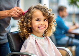 Adorable little girl with curly brown hair and bright smile, sitting in a kids' salon chair, getting a hairstyle from a professional hairstylist.