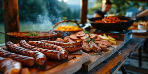 Serving of Kranjska sausage with mustard and condiments at a mountain event Traditional Slovenian delicacy