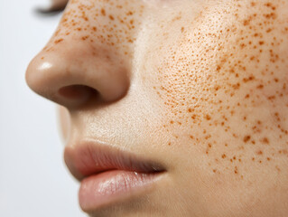 photo of a close-up of human skin with dark spots and freckles on nose and cheeks 
