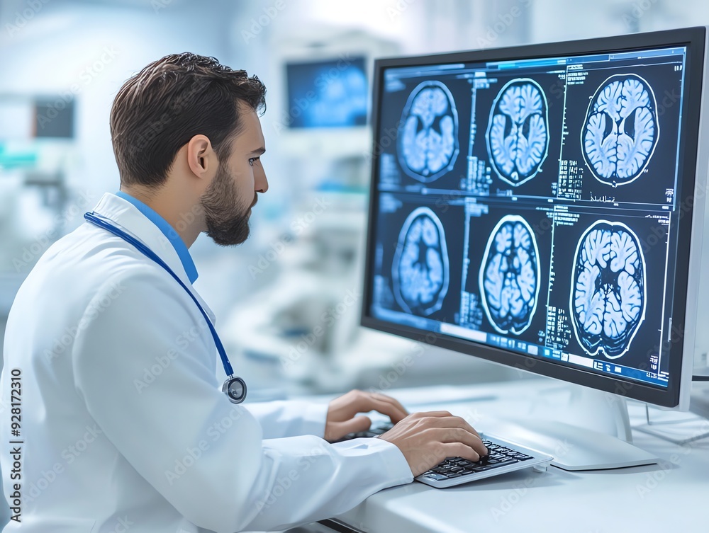 Aufkleber doctor examining brain scan on computer.