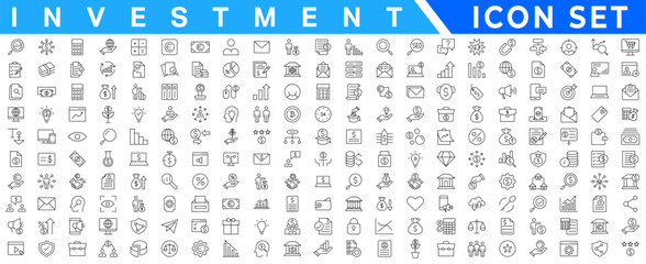 Investment Line Editable Icons set. Finance icon set. With Concepts like Profit, Losses, Stock, Tax, Exchange, Budget, Funds, Earnings, Money and Revenue icons. Blue Colored Outline Icons