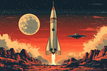 Obraz premium Space mission posters, banners, flyers. illustration Concept for print, stamp. Vintage style design with space rocket, mars rover and ufo flying spaceship silhouette.