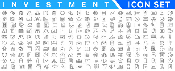 Investment Set of line icons related to accounting, audit, and taxes. Outline icon collection. .Income set. Containing money, tax, earnings, payment, work, pension, and wages icons