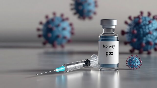 Monkey pox vaccine, monkey pox virus vaccine and injection, Close-up of Monkeypox (MPOX) Vaccine and syringe.