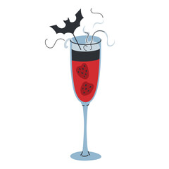 Vector illustration of a Halloween themed cocktail in a tall glass, smoke of dry ice, red liquid with strawberries and bat garnish. Flat, cartoon image with spooky vibe, for parties and celebrations