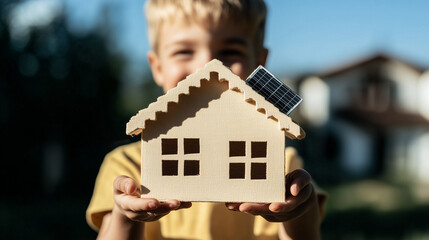 Boy Holding a Solar-Powered Model House 4